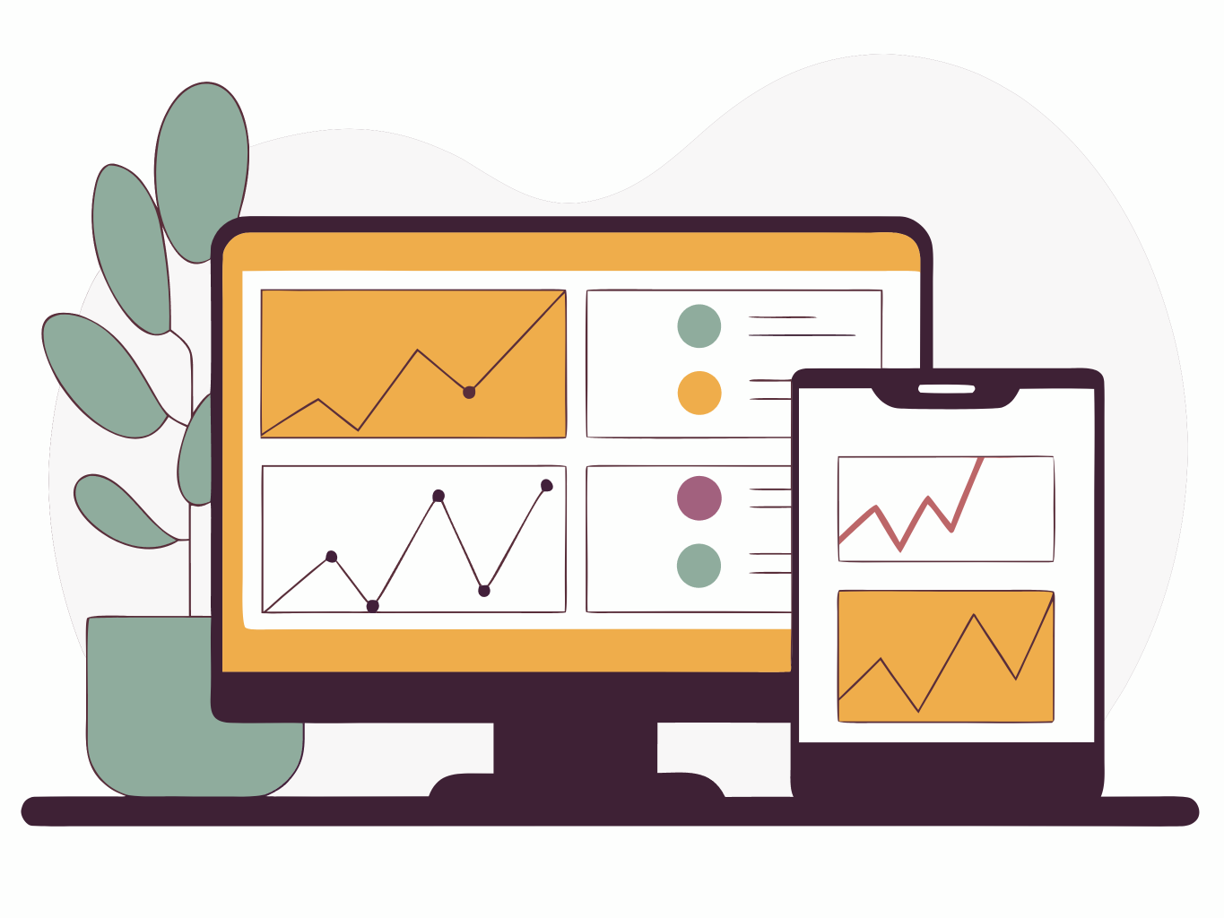 Illustration of a desktop screen with different charts and read-outs