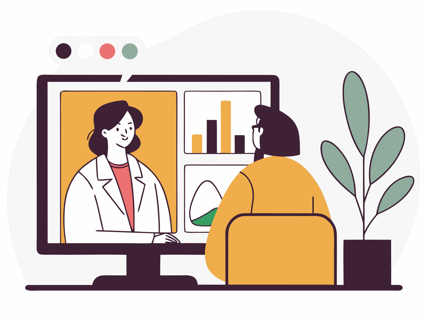 Illustration of a patient speaking to her doctor over video chat