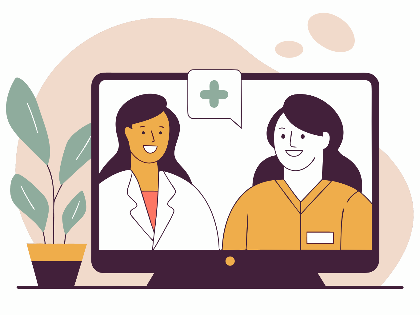 Illustration of a couple of nurses on a device.