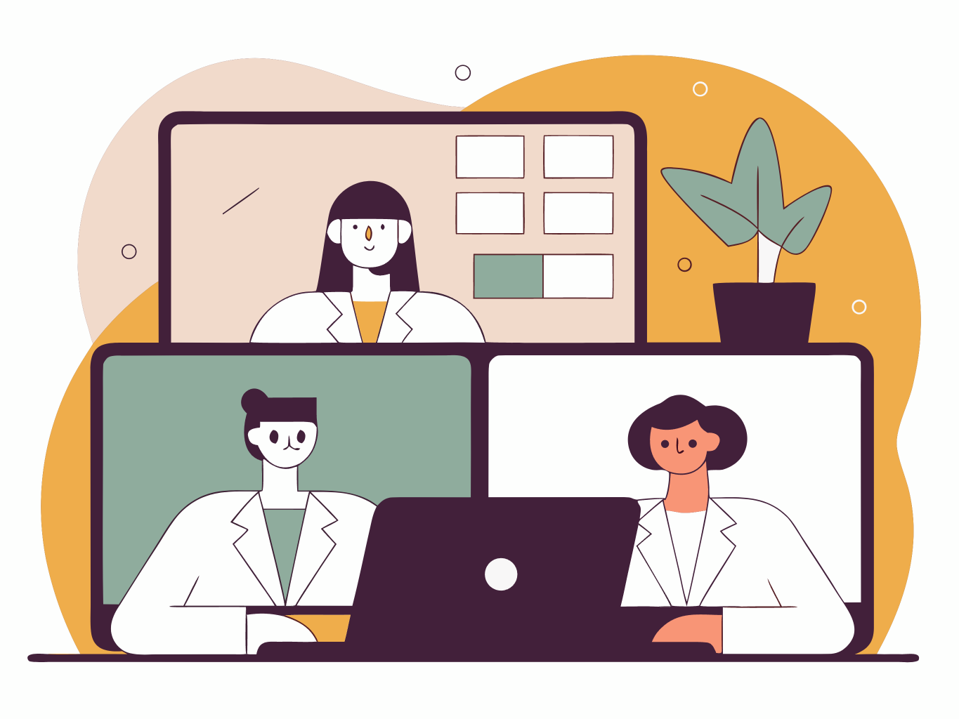 Illustration of a care team on different screens