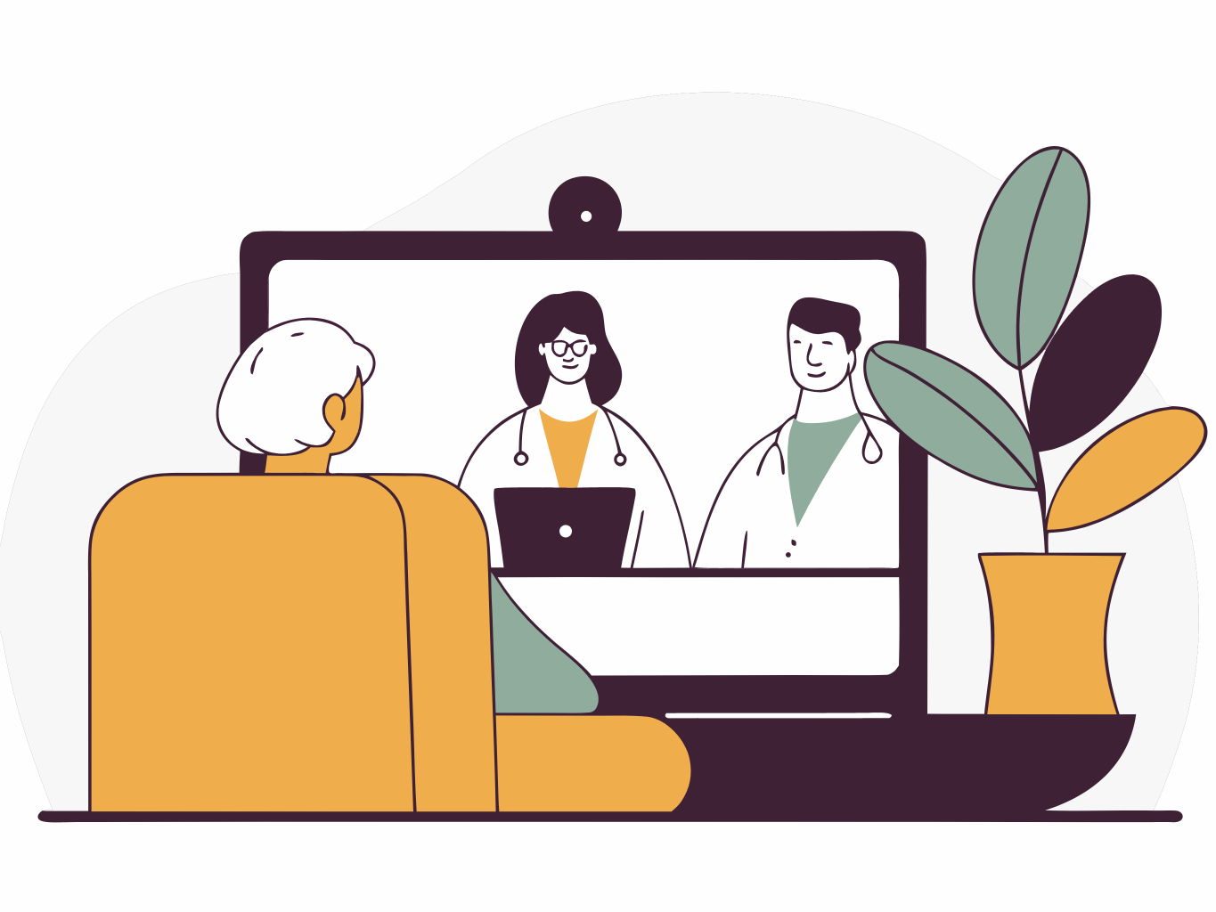 An elderly patient at home speaking with her medical team