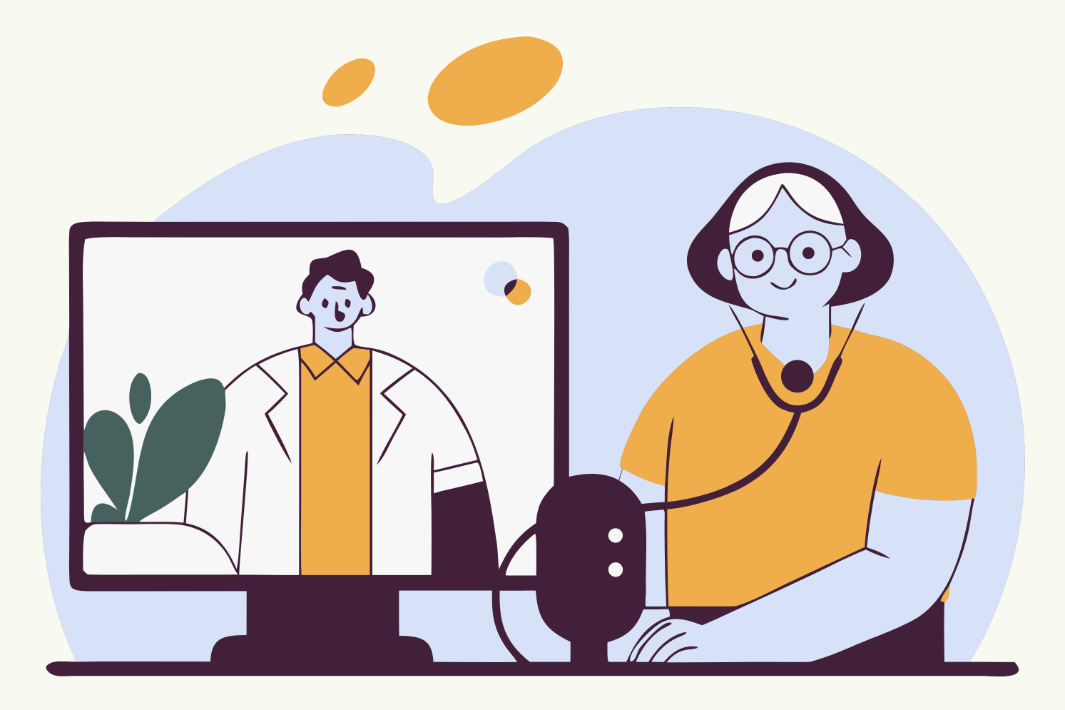 A friendly flat-vector illustration of an older adult at home using simple health devices (like a scale or blood pressure cuff), with health data flowing gently toward a doctor or care team icon on a digital screen. 