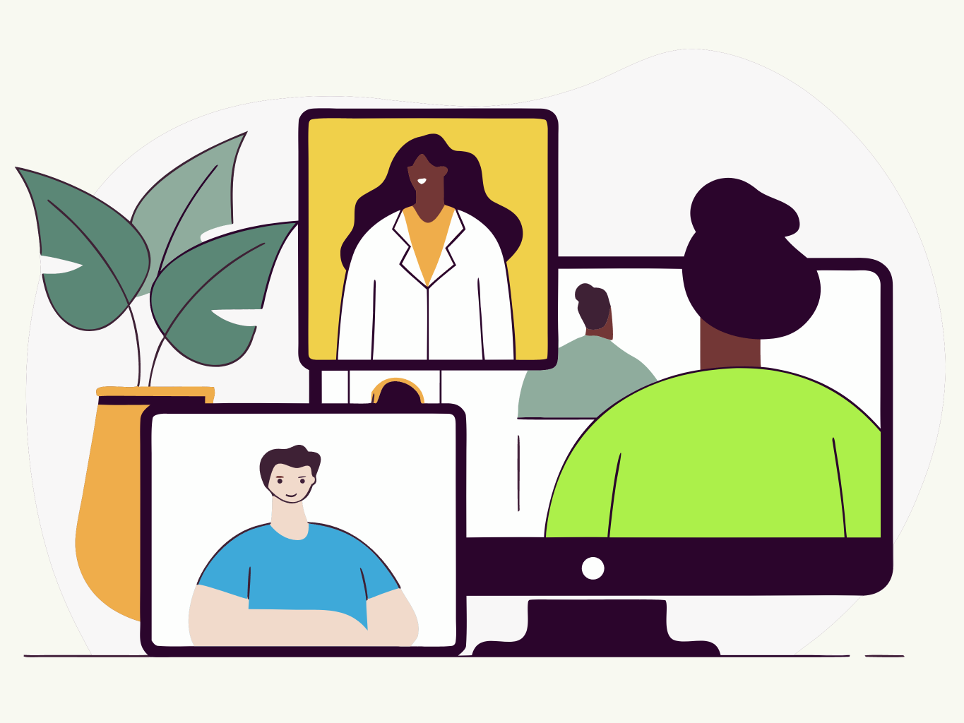 Illustration of a doctor speaking with multiple patients