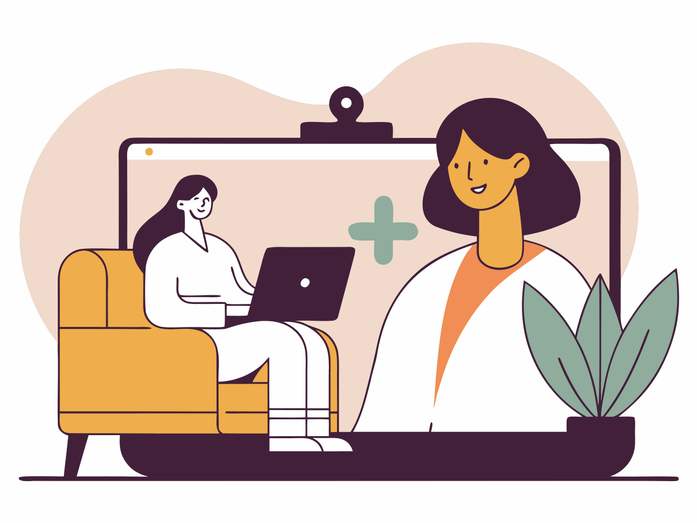Illustration of a nurse meeting with a patient over video chat.